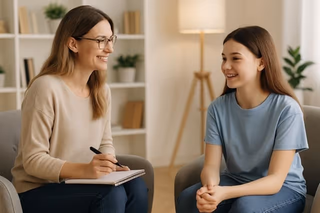 Mädchen spricht mit Therapeutin nach Gewalterfahrung