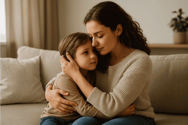 Kind sitzt mit Mutter im Wohnzimmer