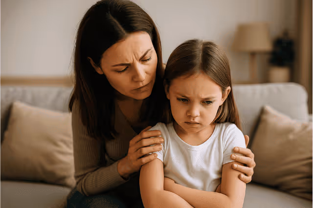Mutter tröstet verärgertes Mädchen auf dem Sofa