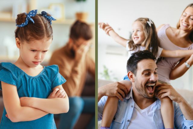 Links Streit mit Kind, rechts glückliche spielende Familie