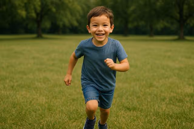 Kind rennt lachend über die Wiese