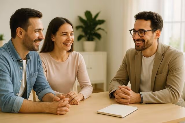 Eltern sitzen in einem Beratungsgespräch mit einem Familienberater