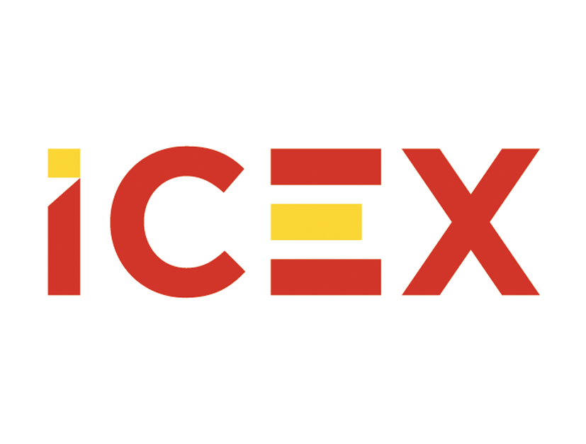 Logotipo de ICEX con letras en rojo y detalles amarillos.