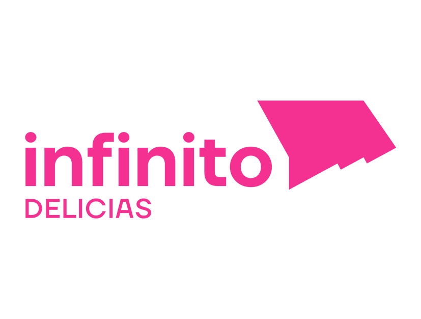 Logotipo de infinito delicias en color rosa brillante con un diseño geométrico a la derecha.