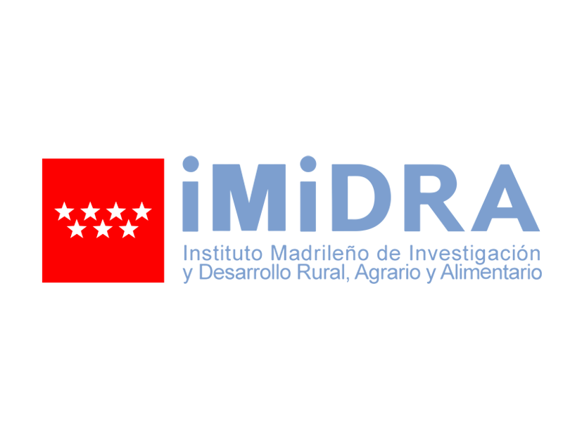 Logo de iMiDRA, Instituto Madrileño de Investigación y Desarrollo Rural, Agrario y Alimentario, con un cuadro rojo y siete estrellas blancas.