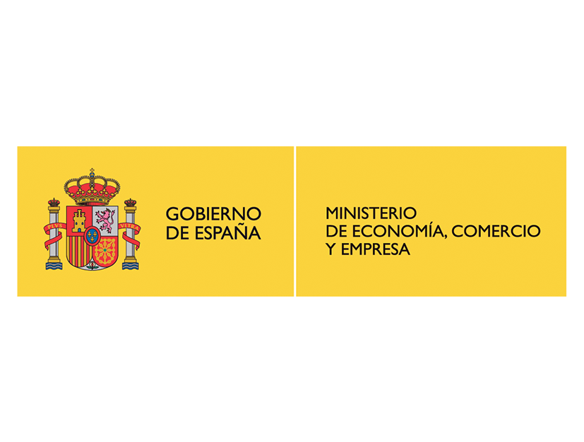 Escudo de armas nacional junto al texto Gobierno de España y Ministerio de Economía, Comercio y Empresa en fondo amarillo.
