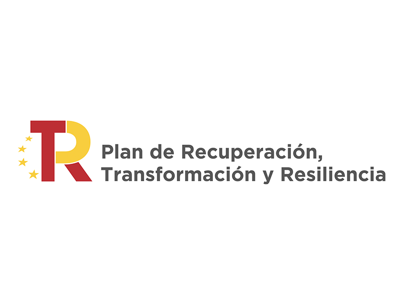 Logotipo con las letras TR en rojo y amarillo junto al texto Plan de Recuperación, Transformación y Resiliencia.