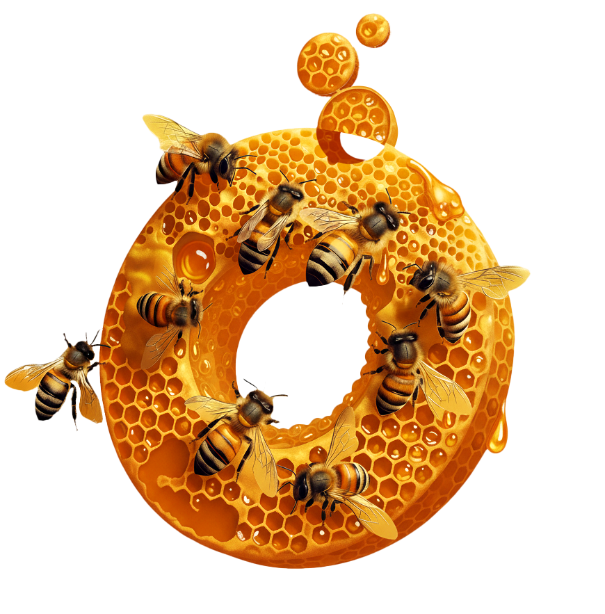 Nueve abejas volando y posadas sobre un panal de miel amarillo con celdas hexagonales.
