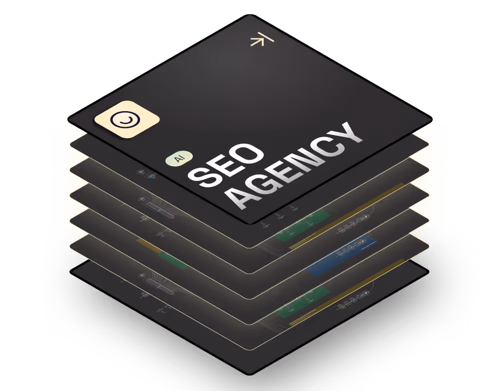 Layered SEO agency graphic with analytics and AI icons
