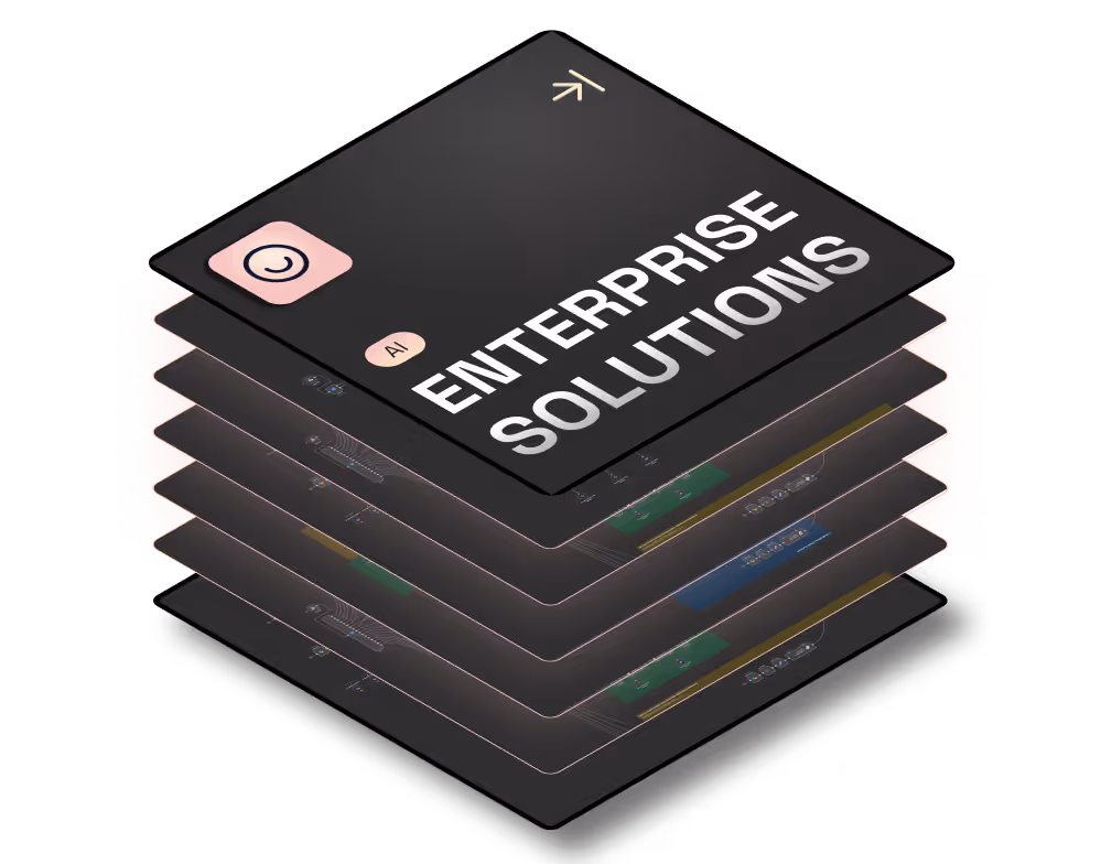 Layered graphic showing enterprise solutions with AI and interface elements