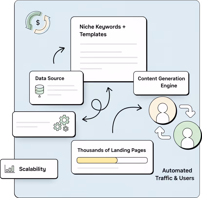 Content generation workflow diagram showing automated landing page creation process