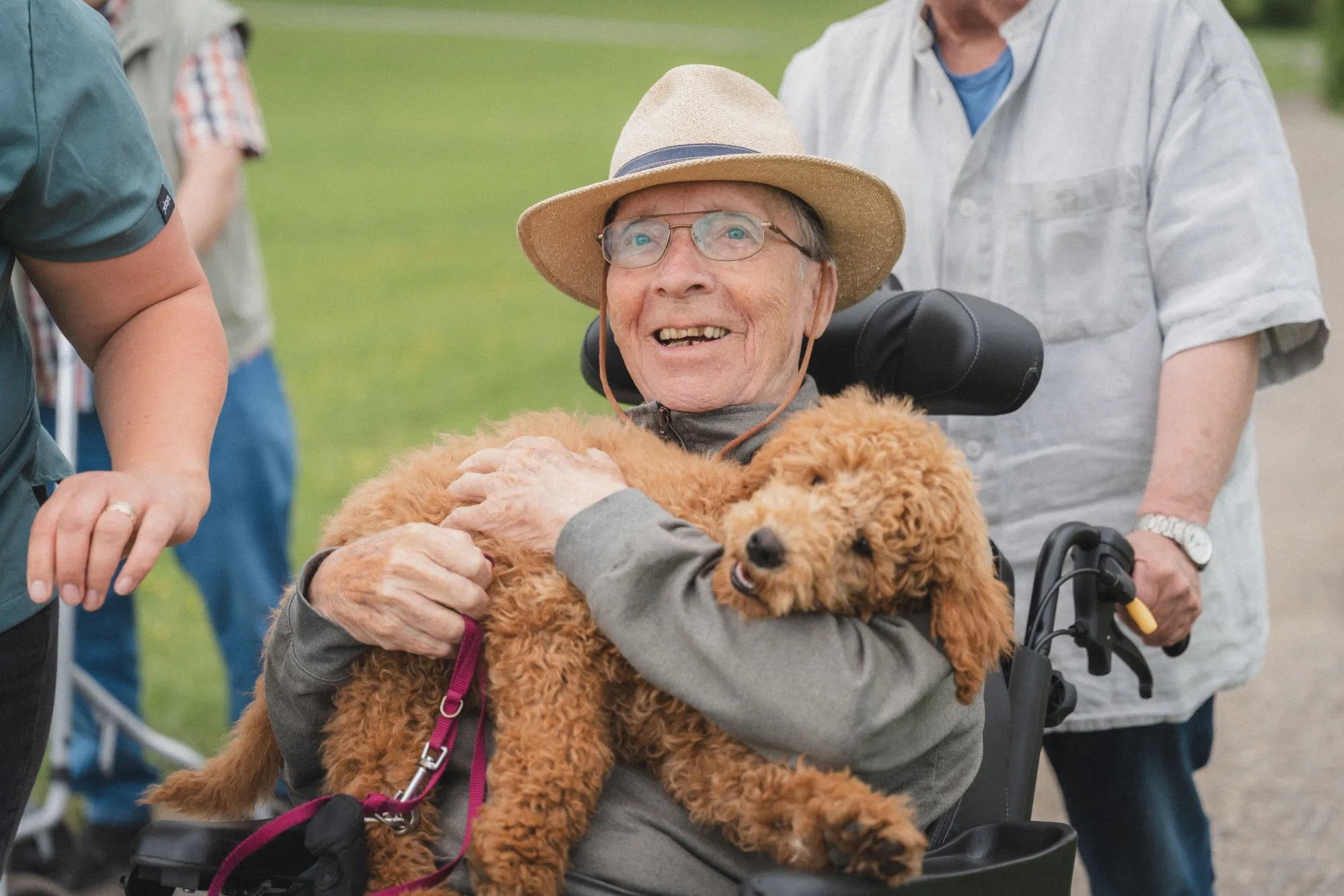 Älterer Mann im Rollstuhl mit einem strohfarbenen Hut hält glücklich einen lockigen braunen Hund im Arm, während er draußen begleitet wird.