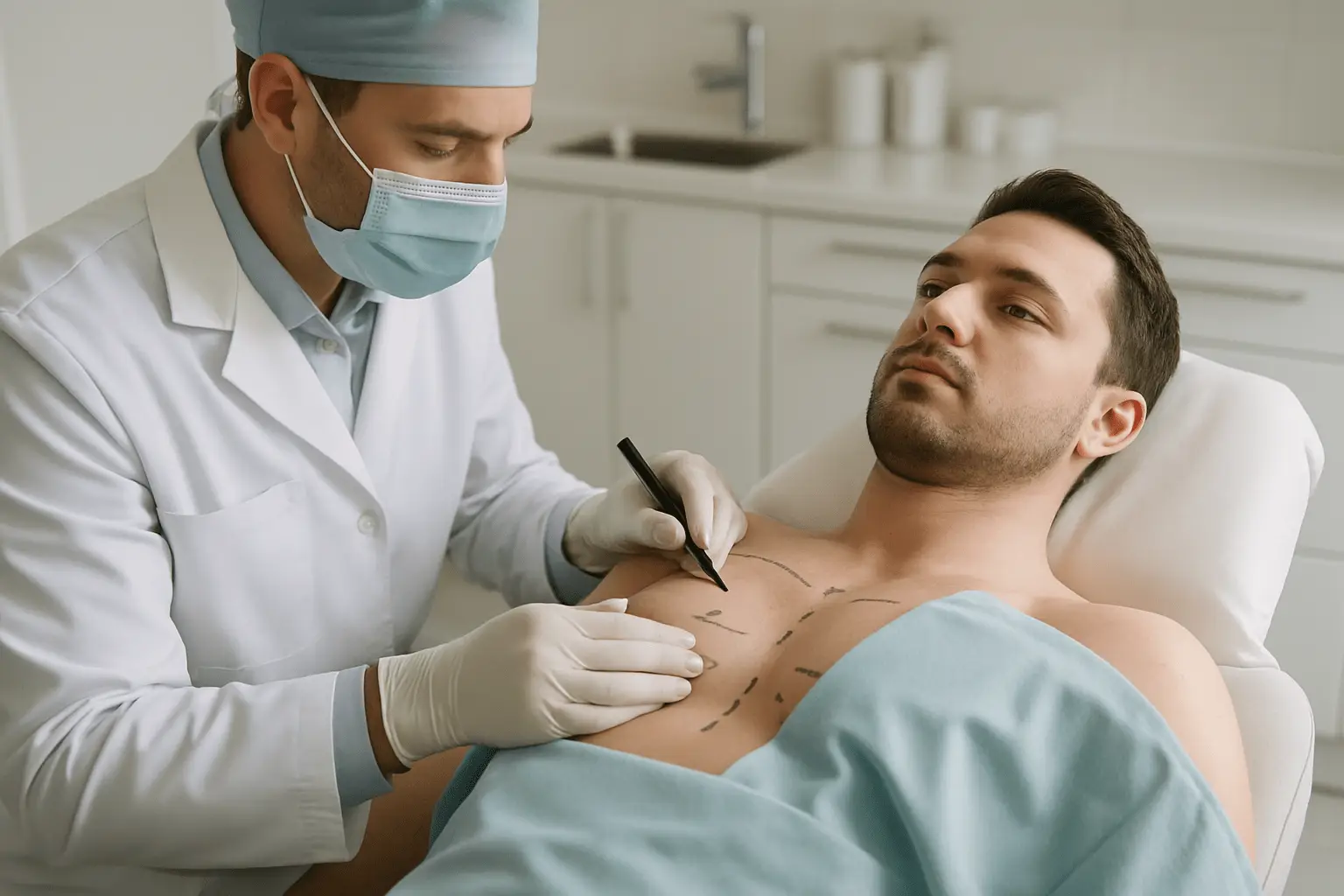 Lekarz medycyny estetycznej wykonuje oznaczenia na klatce piersiowej mężczyzny przed zabiegiem modelującym ciało w gabinecie estetycznym