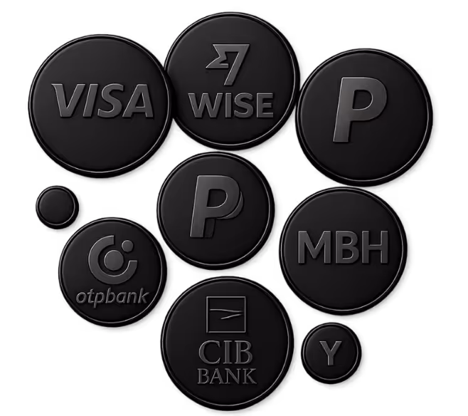 Visa, Wise, PayPal, OTP Bank, MBH Bank és CIB Bank logók a DOLLHOUSE OnlyFans kifizetési lehetőségeihez