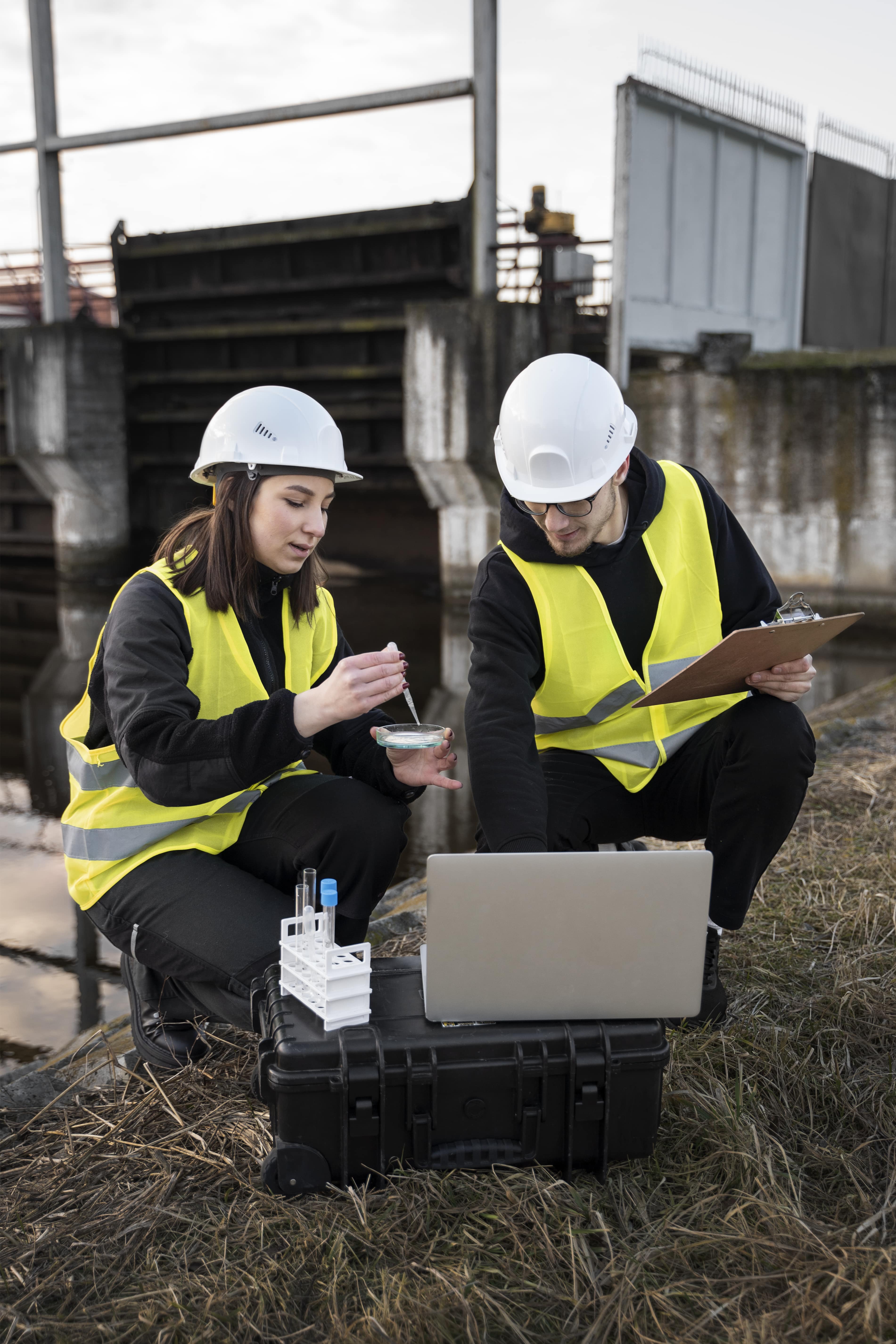 Geo-environmental consultants reviewing site information on a development site