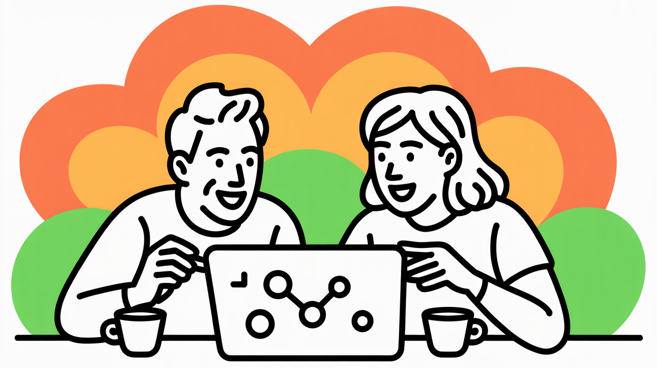 Two professionals collaborating enthusiastically over laptop in bright modern workspace