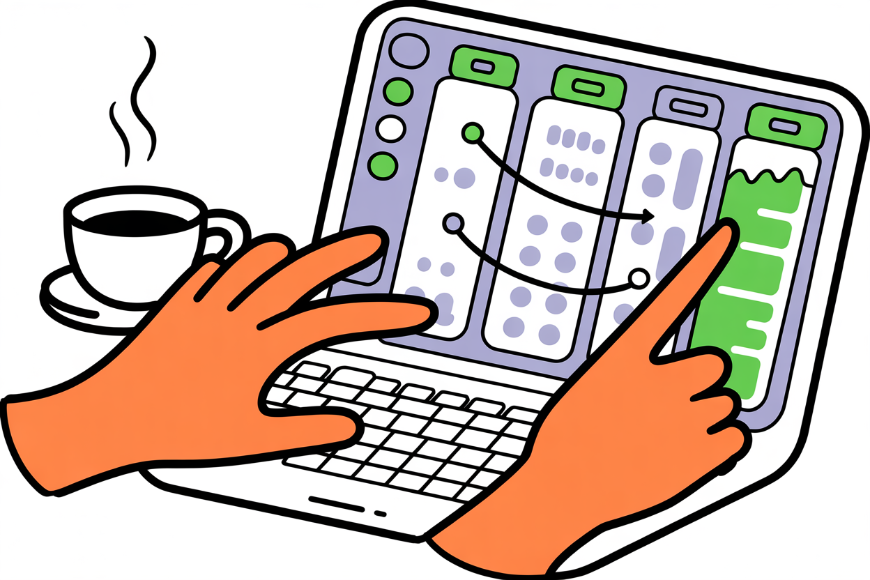 Hands working on laptop showing integrated dashboard with project and billing data flowing seamlessly