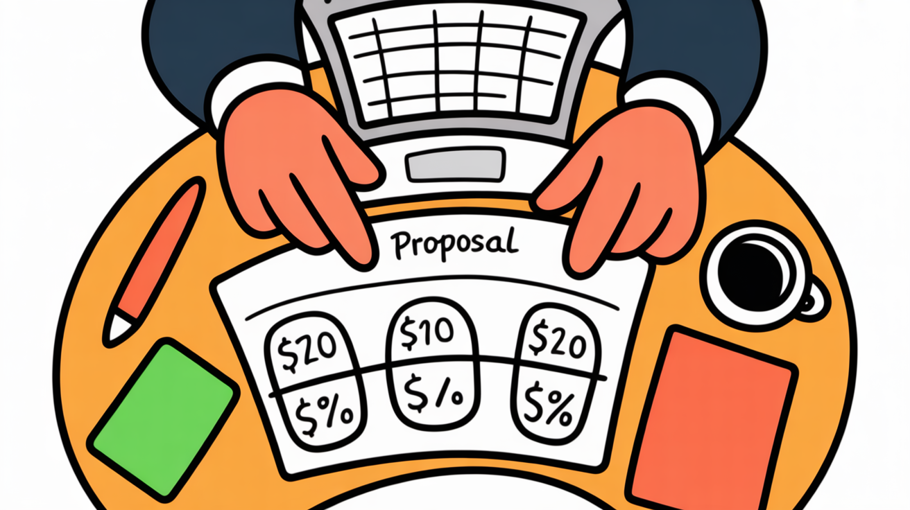 Overhead view of hands presenting pricing proposal on wooden table with laptop and coffee in professional meeting setting