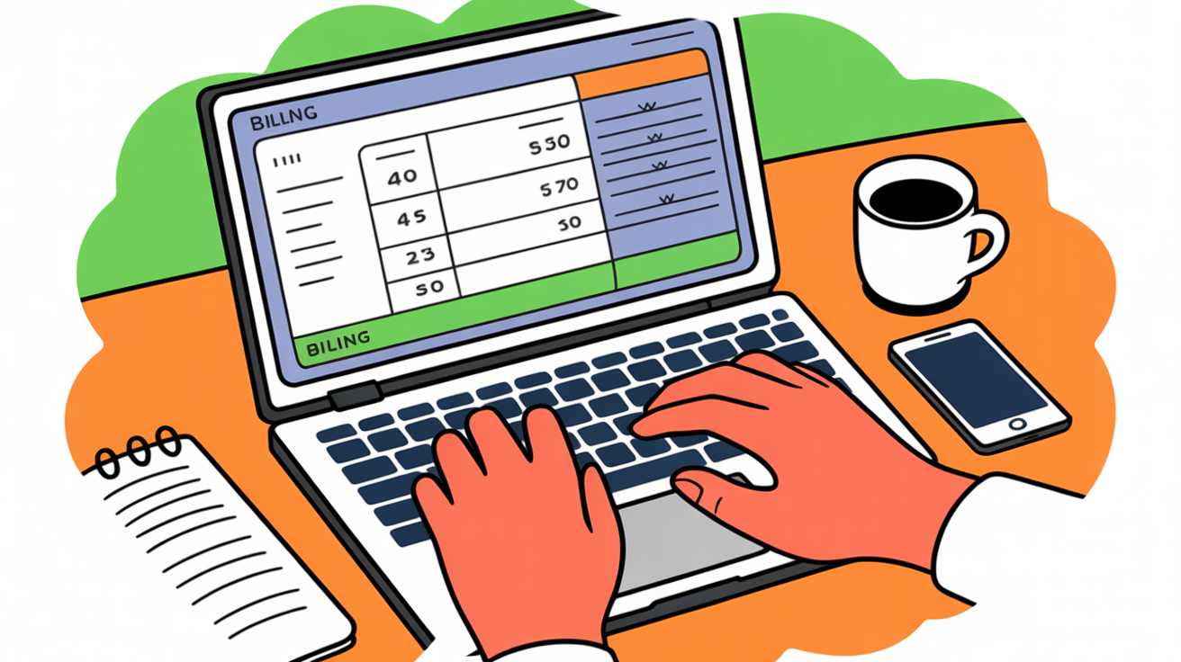 Close-up of hands working on laptop with billing software interface, coffee and phone nearby on wooden desk