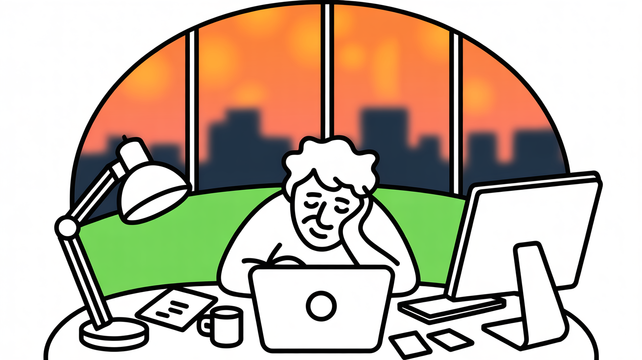 Entrepreneur working late at night in home office, illuminated by desk lamp with city lights visible through window