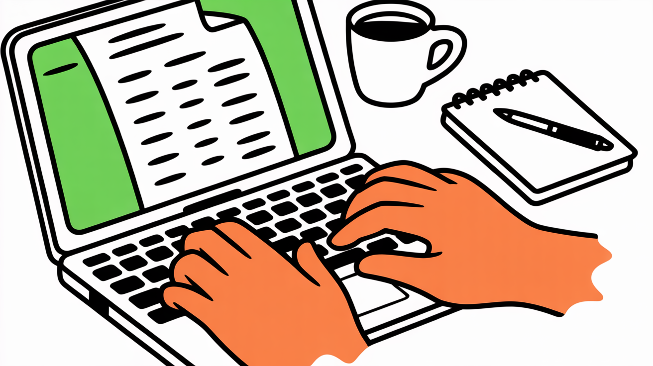 Close-up of freelancer's hands typing invoice details on laptop with coffee and notes nearby in warm morning light