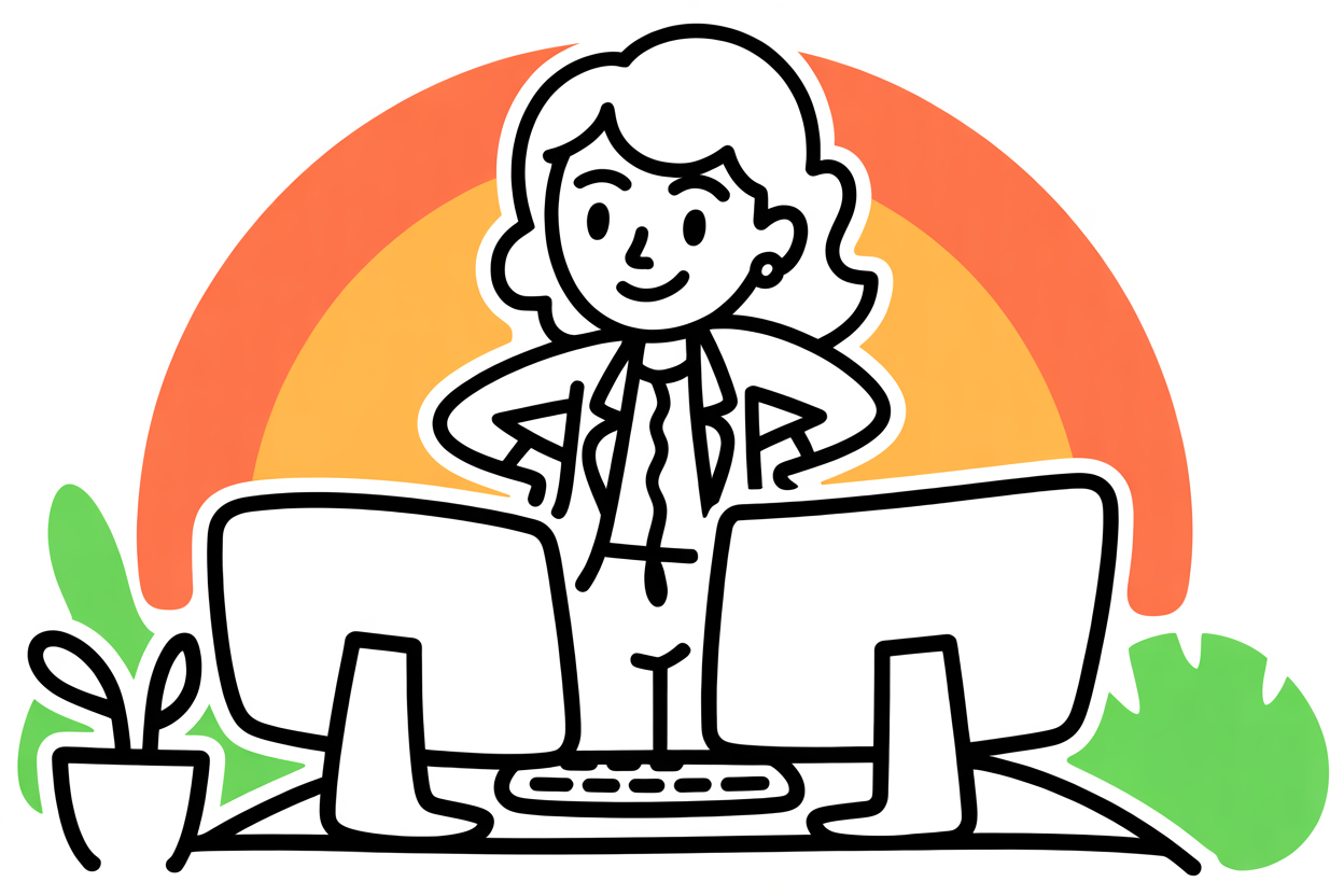Professional woman standing confidently at her desk with dual monitors, natural light from windows behind