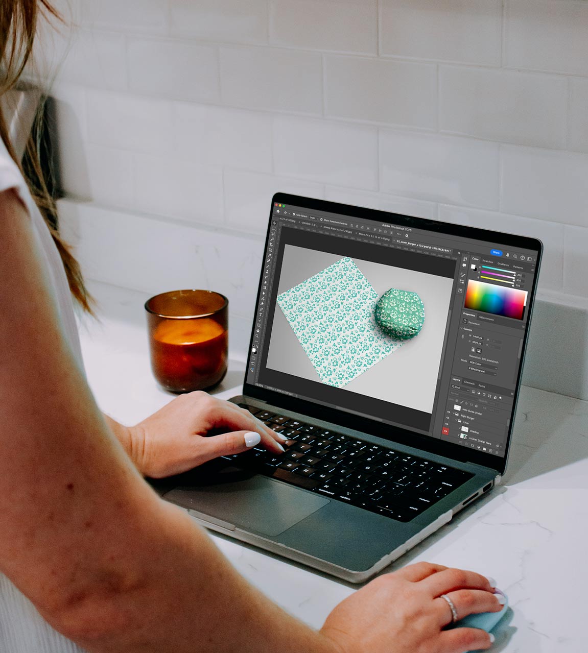 Photo of Alexa designing custom pattern food paper for a restaurant client. 