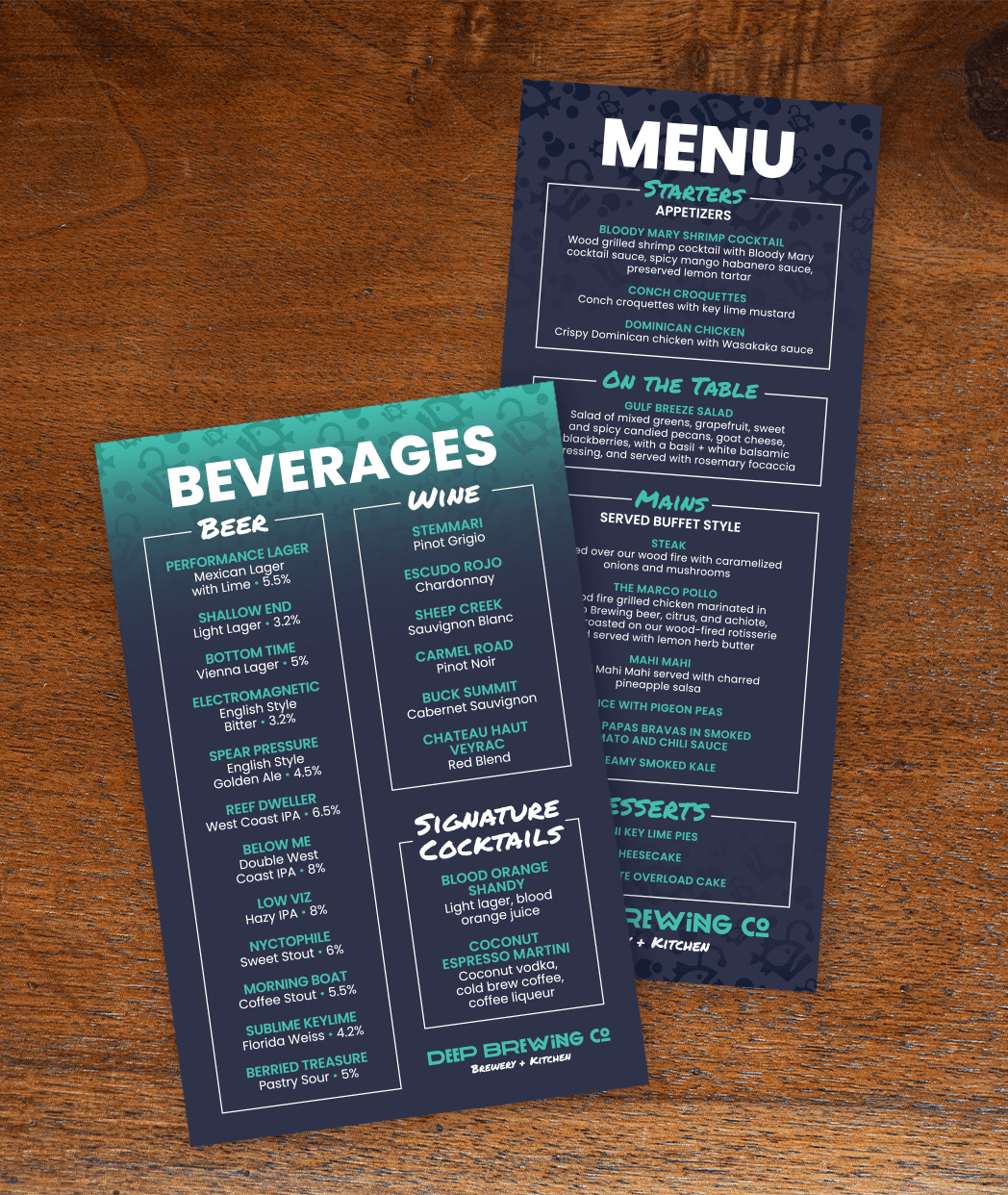 Photo of beverage and food menu created for Deep Brewing Co in Tallahassee, Florida