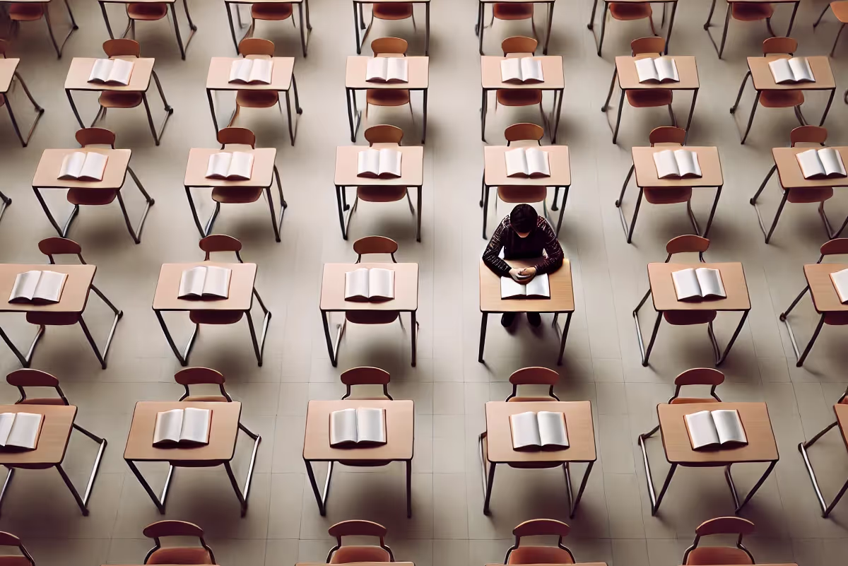 A classroom of desks with one person in it