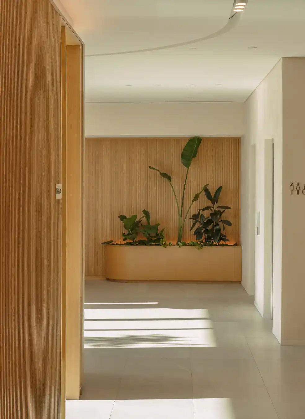 Modern indoor garden with lush green plants along a beige curved bench with soft lighting underneath in a building atrium.
