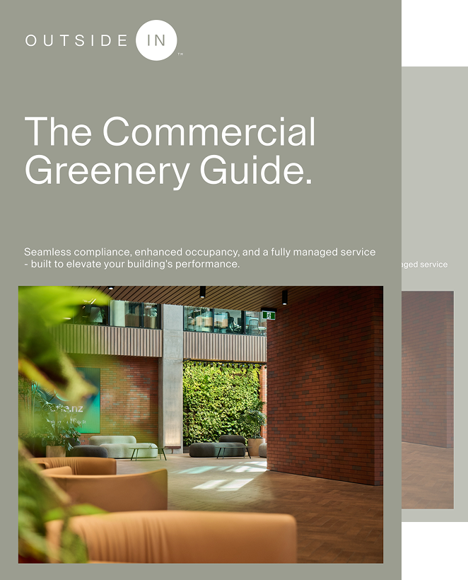 Two covers of OUTSIDE IN publications side by side; left cover shows an aerial view of people in a modern indoor space with wooden elements and greenery, titled OUTSIDE IN with the year 2026, right cover features indoor plants in a bright room with windows and artwork, titled The Biophilic Design Playbook with subtitle about reconnecting people with nature in workplaces, hotels, retail, healthcare, and later-living environments.