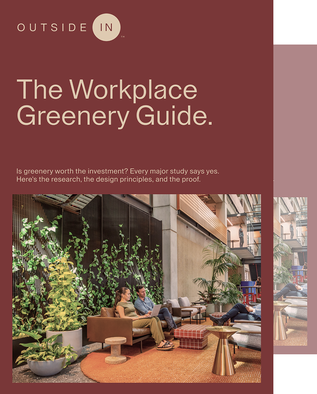 Two covers of OUTSIDE IN publications side by side; left cover shows an aerial view of people in a modern indoor space with wooden elements and greenery, titled OUTSIDE IN with the year 2026, right cover features indoor plants in a bright room with windows and artwork, titled The Biophilic Design Playbook with subtitle about reconnecting people with nature in workplaces, hotels, retail, healthcare, and later-living environments.
