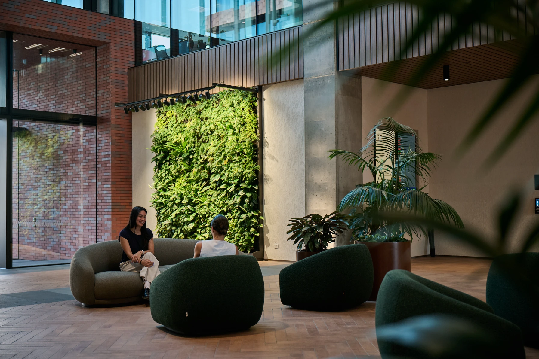 Modern indoor office space with five large concrete planters containing thriving green plants and small trees on a polished light stone floor, with glass walls and offices in the background.