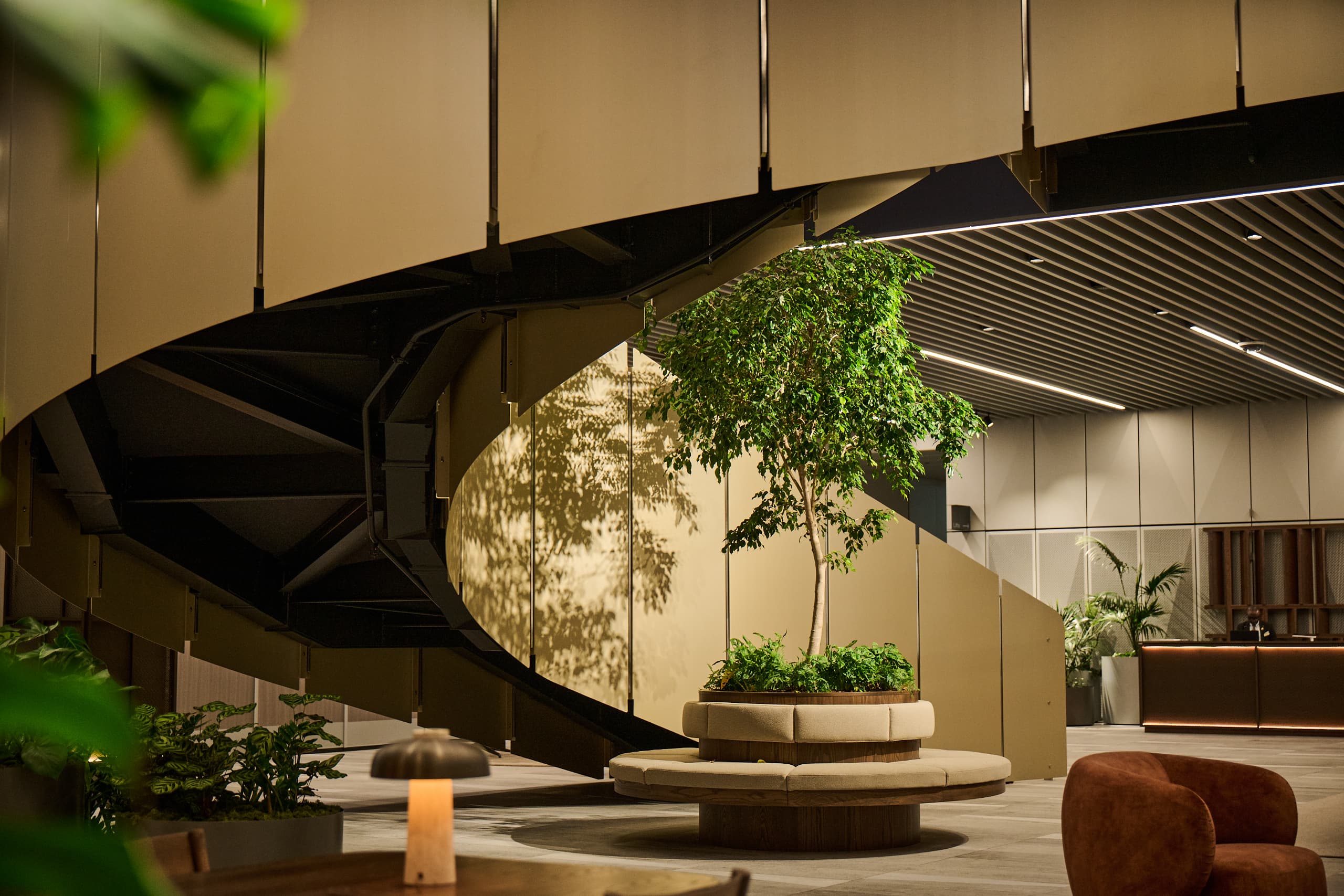 Modern indoor office space with five large concrete planters containing thriving green plants and small trees on a polished light stone floor, with glass walls and offices in the background.