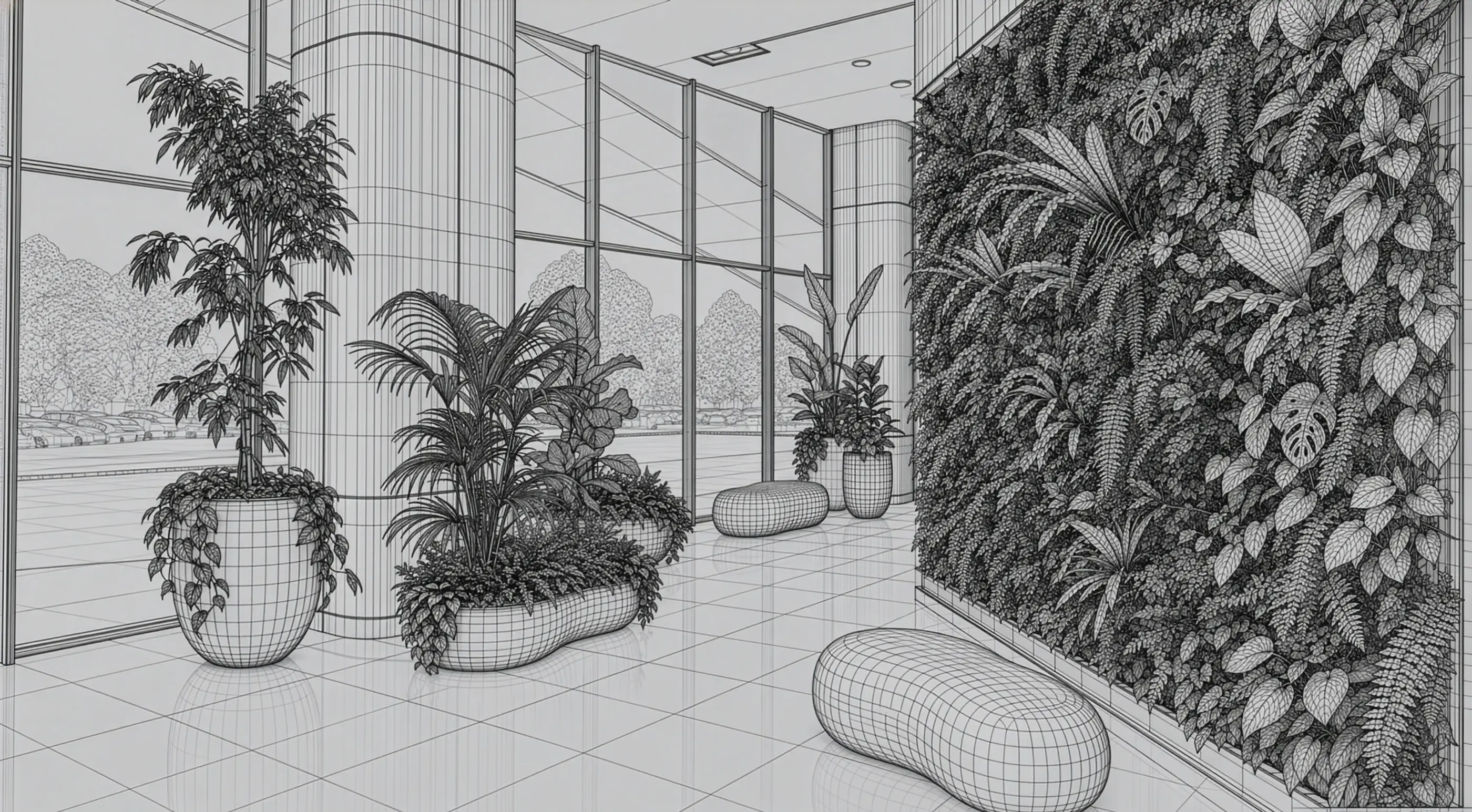 Black and white drawing of office greenery.