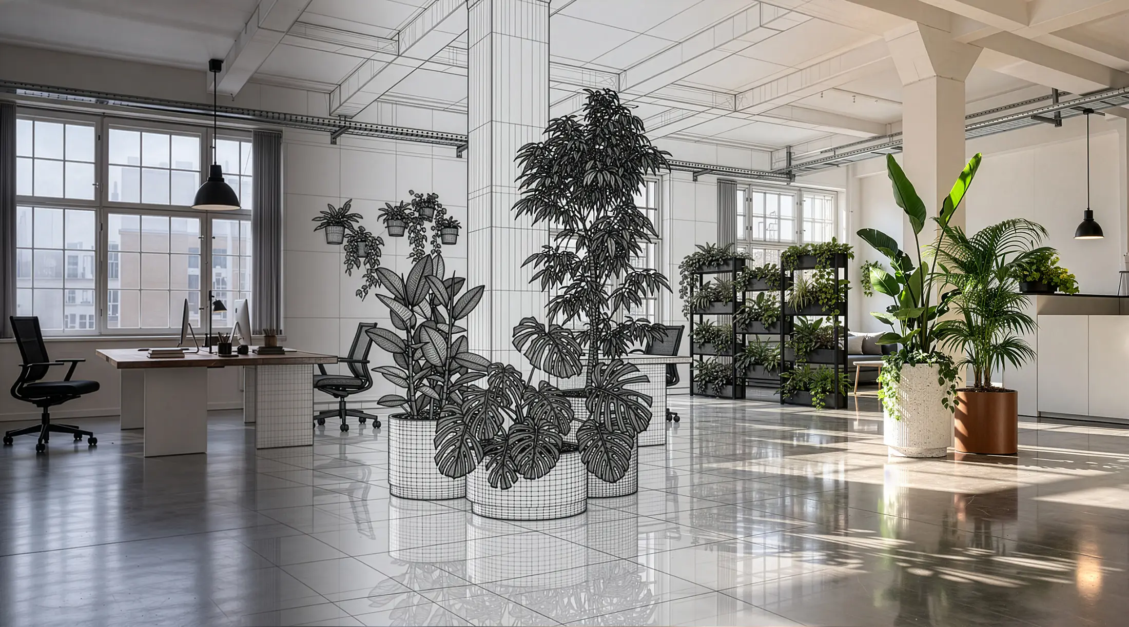 Office interior with sketched plant concepts layered over real greenery, showing how a space could look with plants added.