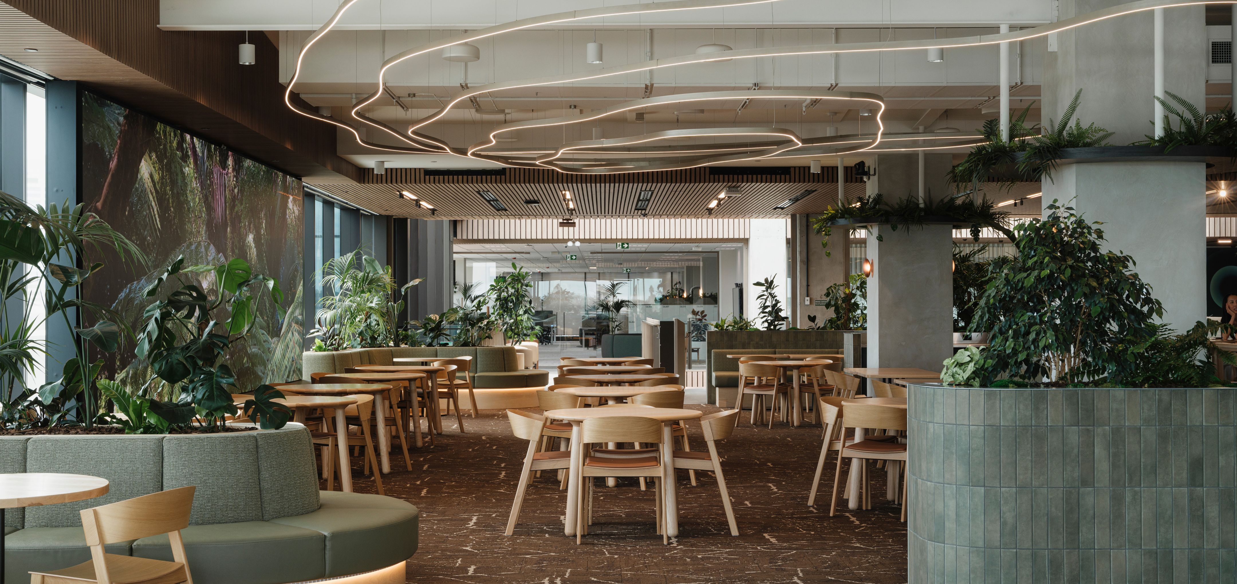 Lush, layered planting throughout One NZ's Auckland headquarters brings energy, warmth and a deeper connection to nature across every level of the workplace.