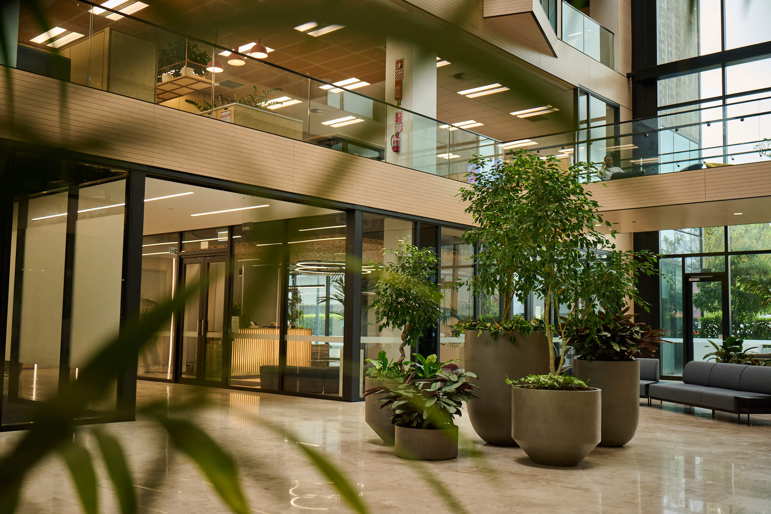 The two-storey Broadway atrium — taupe planters of ficus trees and tropical foliage, with glass offices on both levels.