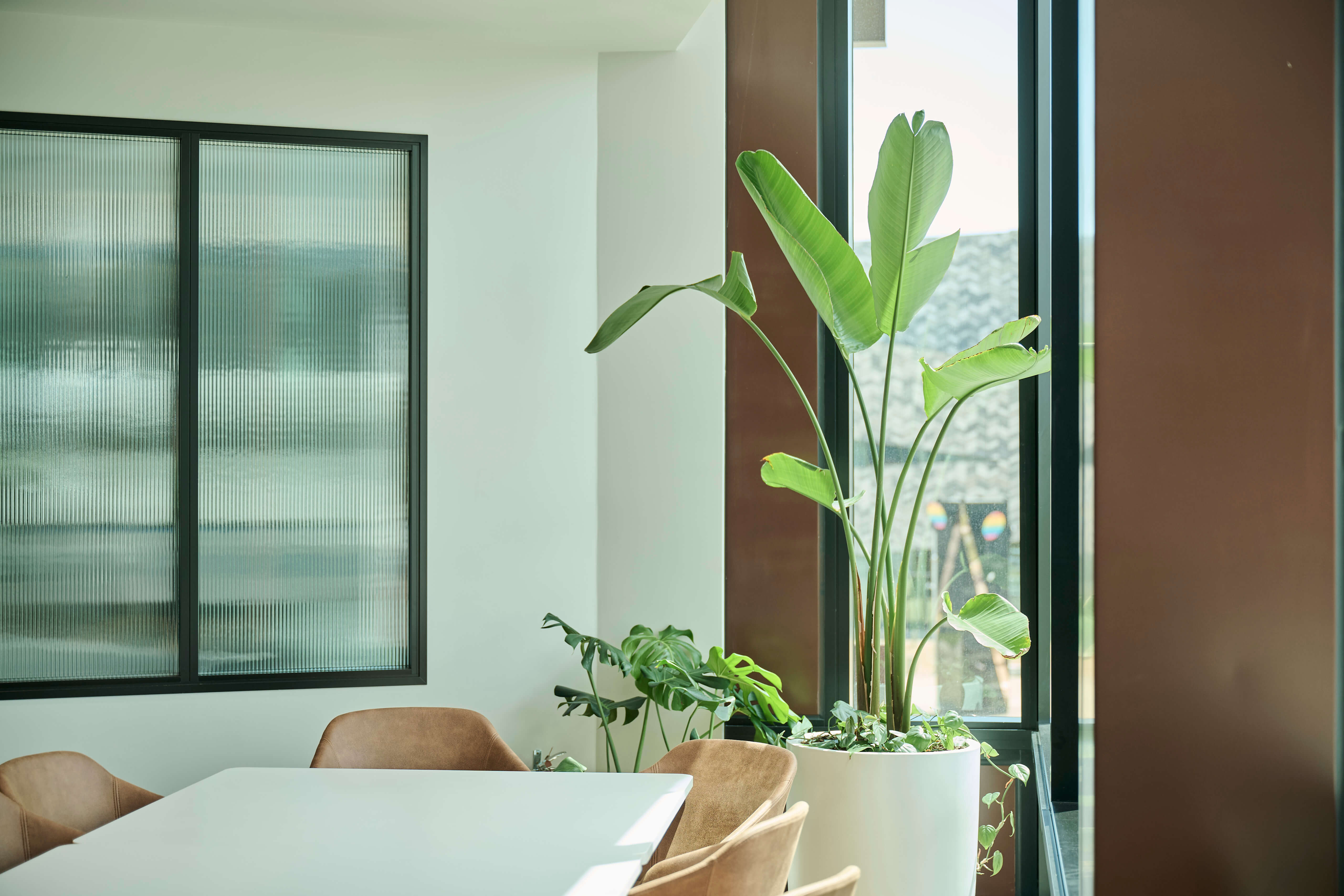 Open-plan office with white planter boxes of layered tropical foliage dividing workstations, framed by floor-to-ceiling windows.
