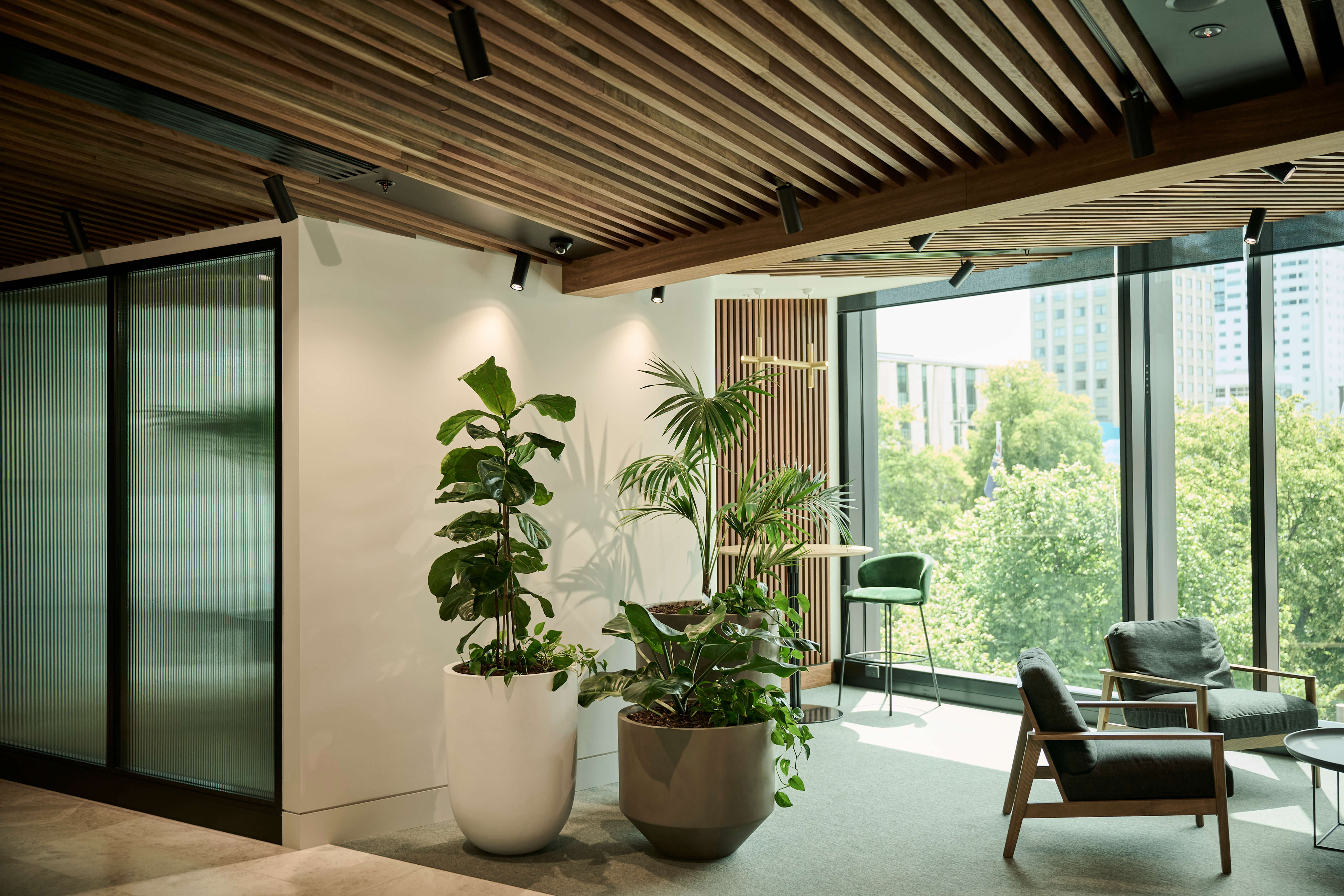 Open-plan office with white planter boxes of layered tropical foliage dividing workstations, framed by floor-to-ceiling windows.