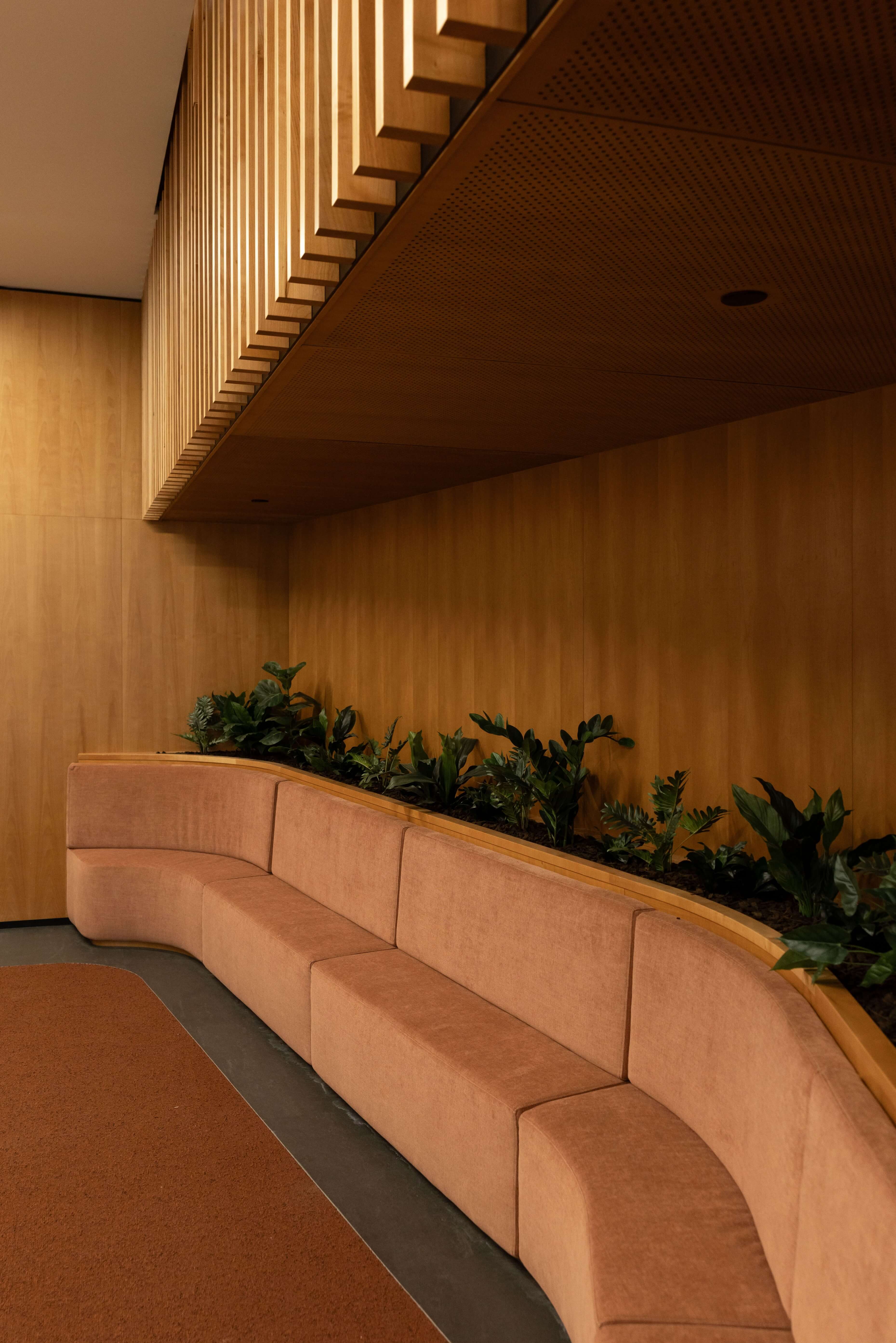 Curved terracotta bench seating beneath a planter of ferns and foliage against timber wall panelling.