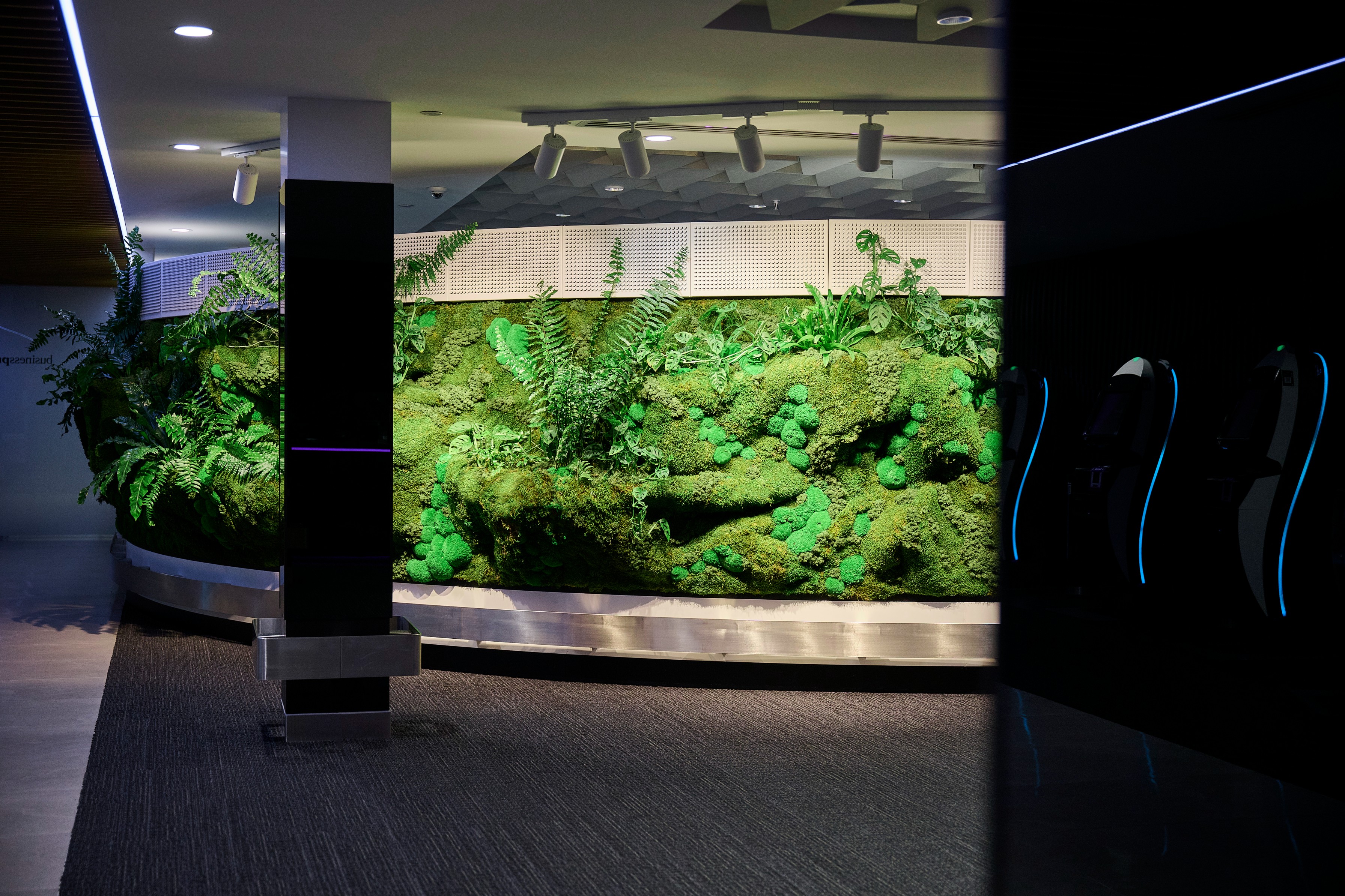 Air New Zealand's Forest Wall sweeping through the Business Premier check-in area at Auckland Airport.