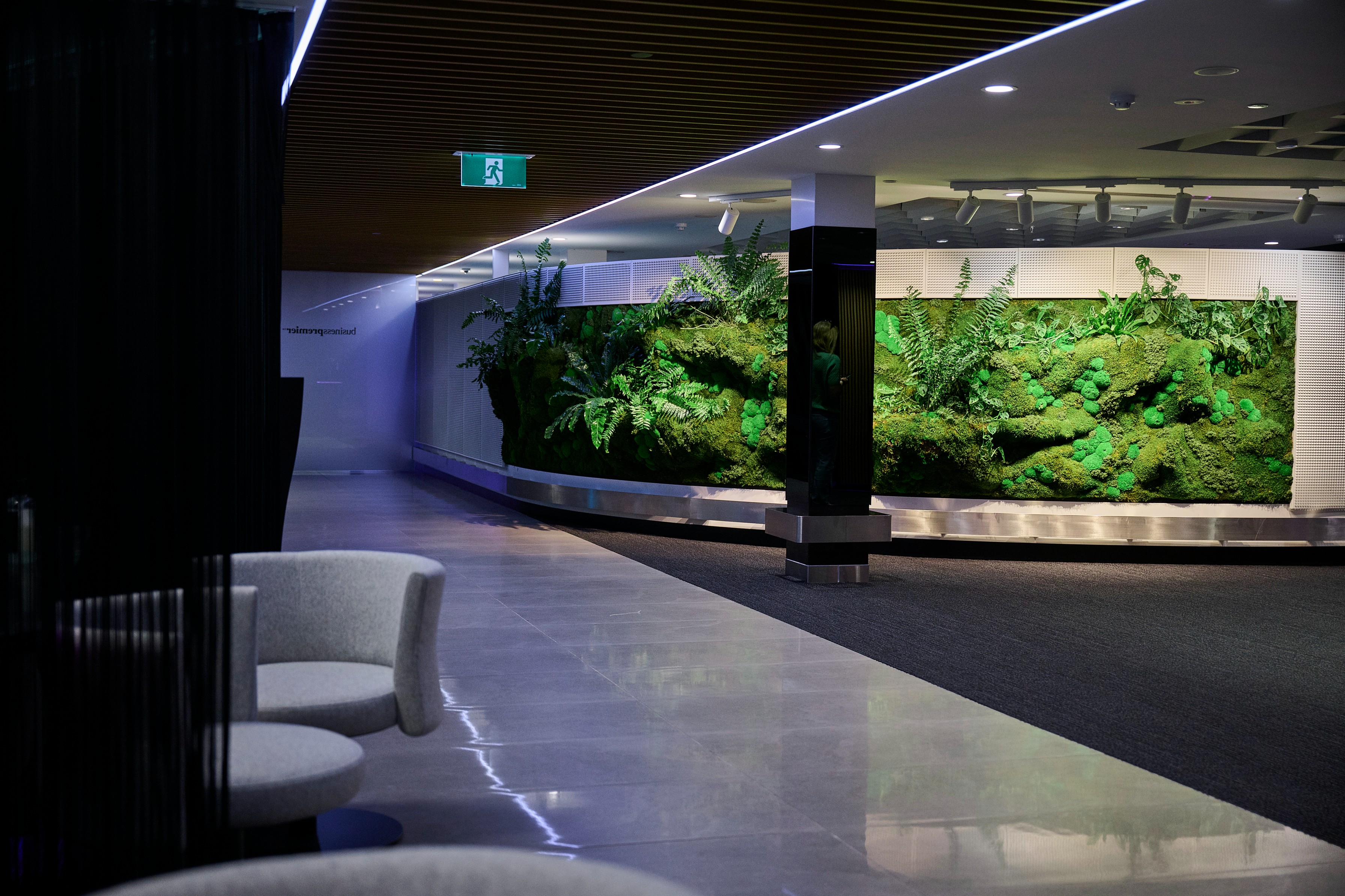 Air New Zealand's Forest Wall corner — self-check-in kiosks glowing behind ferns and moss spilling from a curved planter.