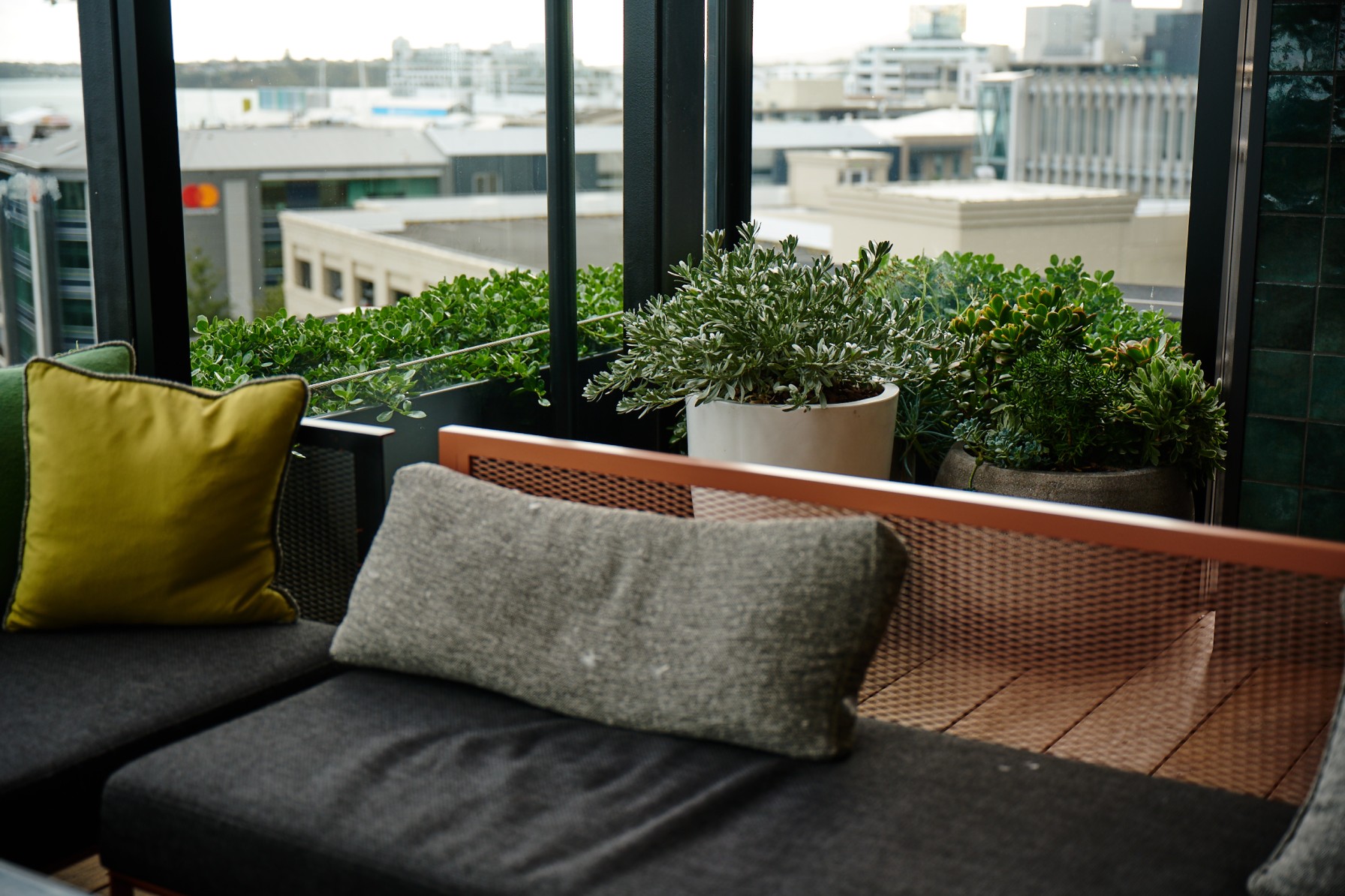 Rooftop lounge seating with succulent and lavender planters overlooking the city skyline.
