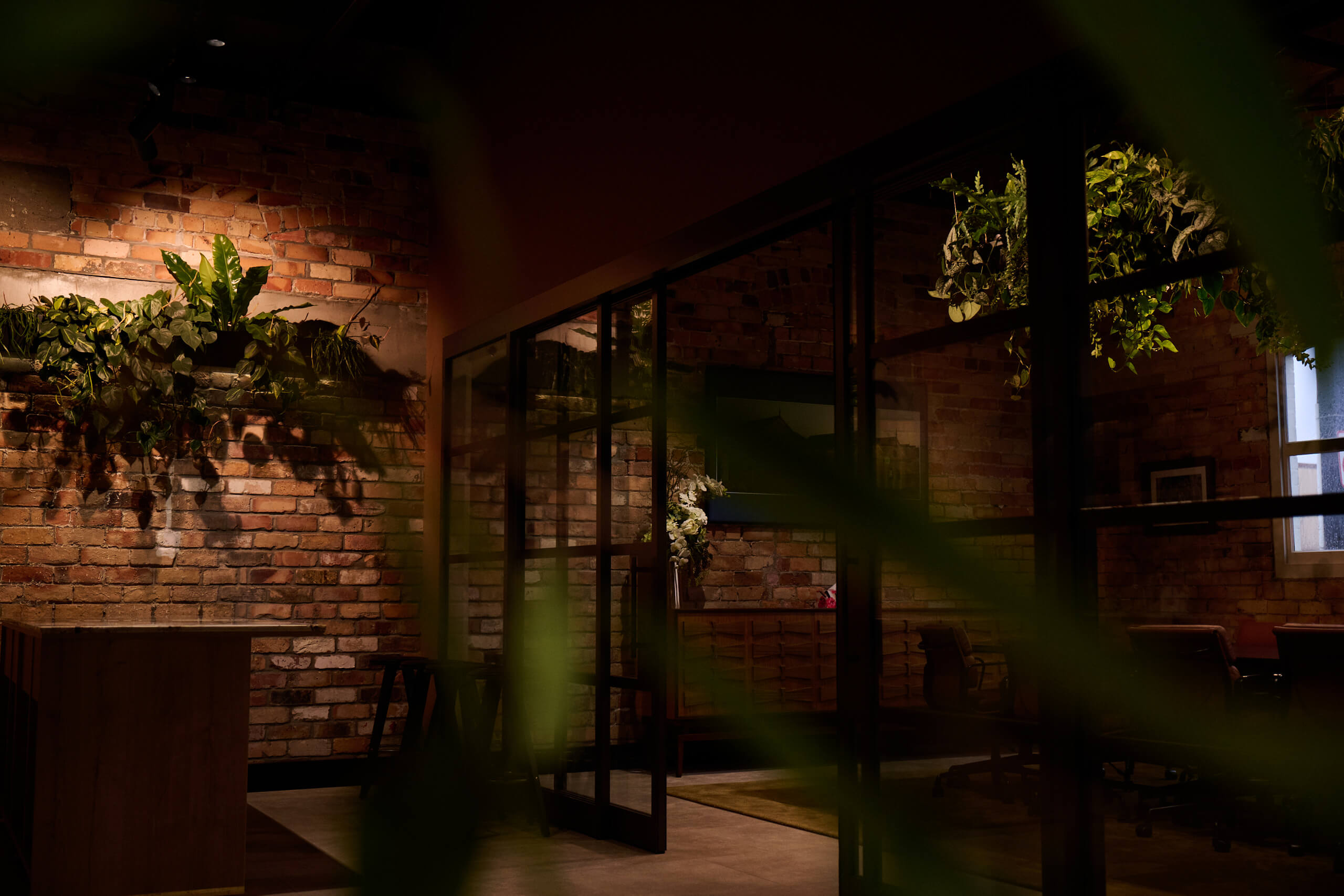Tropical foliage frames the view into Gold Merchants' brick interior, with trailing plants hanging above the glass partition.