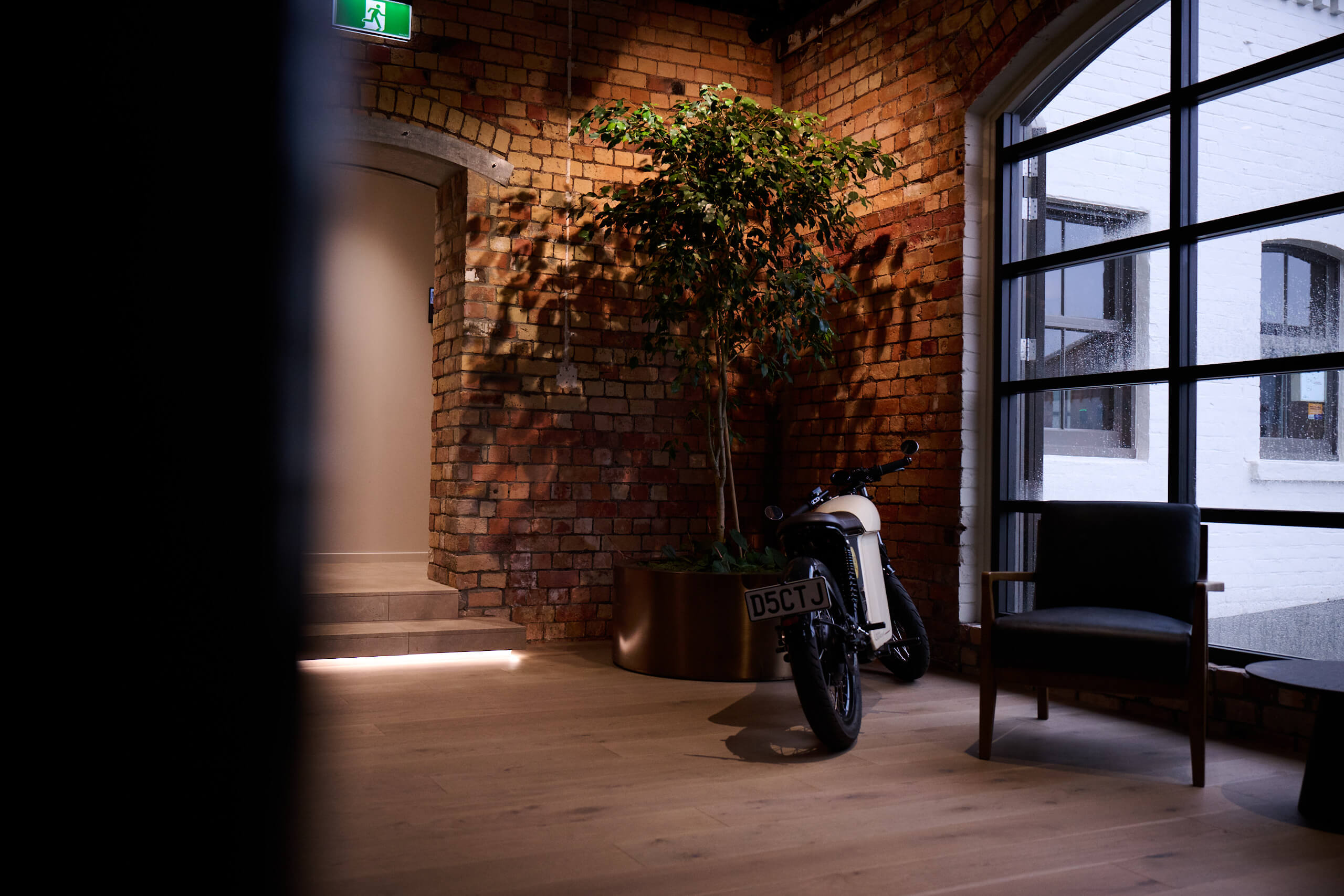 A ficus tree in a brass pot and a vintage moped share a corner of Gold Merchants' exposed brick lobby.