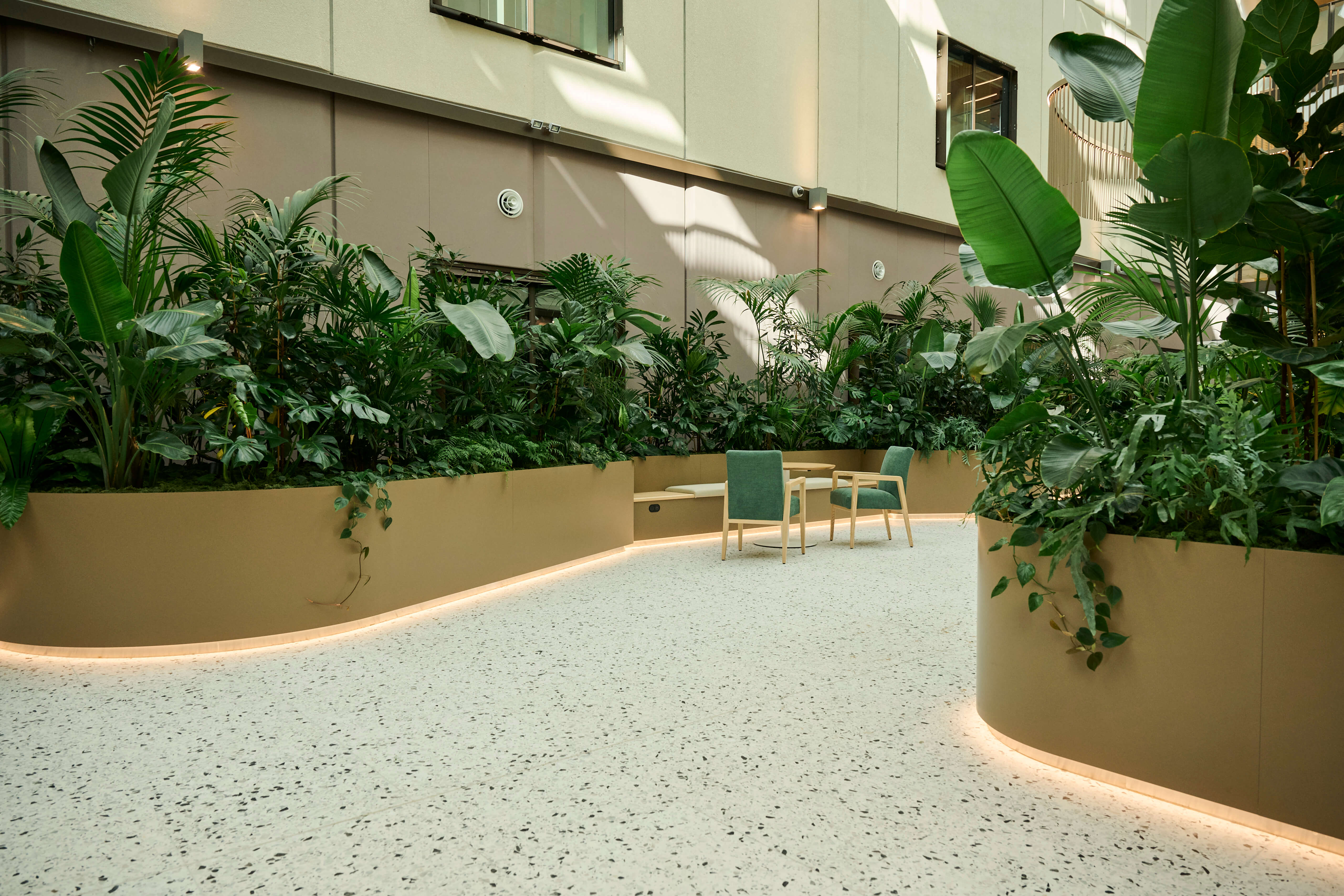 Curved planters of palms and tropical foliage frame seating nooks in the Totara Haumaru garden, lit by warm LED strips.