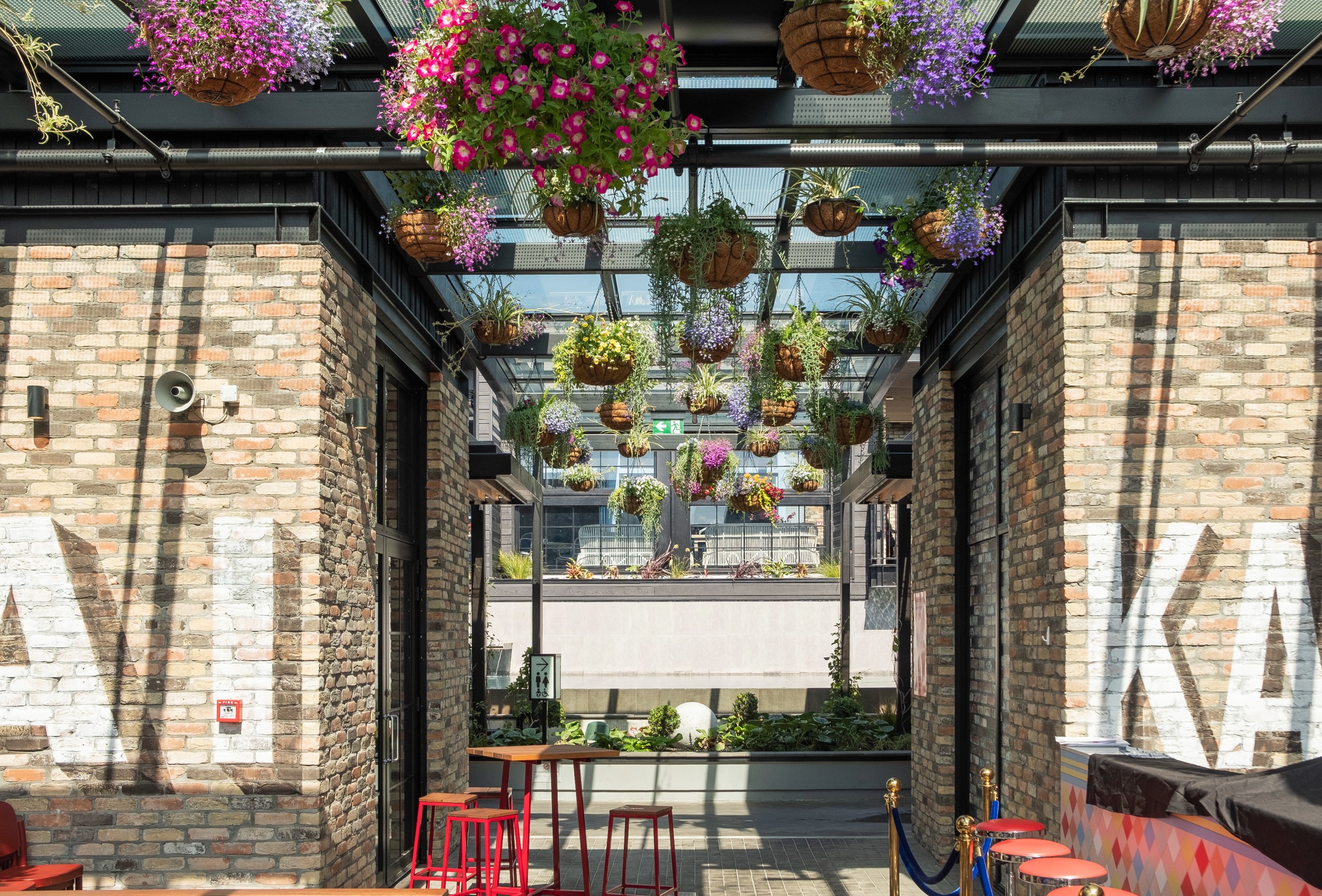 Hanging baskets of trailing petunias and lobelia suspended above a brick-walled laneway with red bar stools.