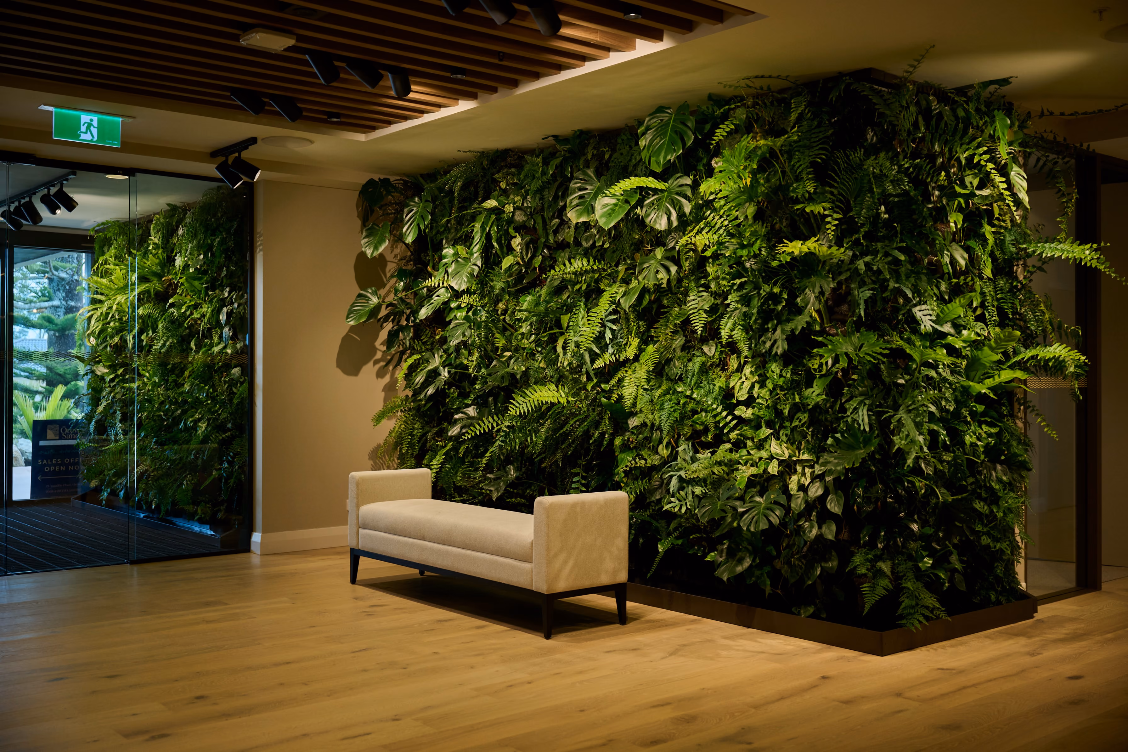 A dramatic floor-to-ceiling living wall of monstera, ferns and pothos with a cream bench at Orewa.