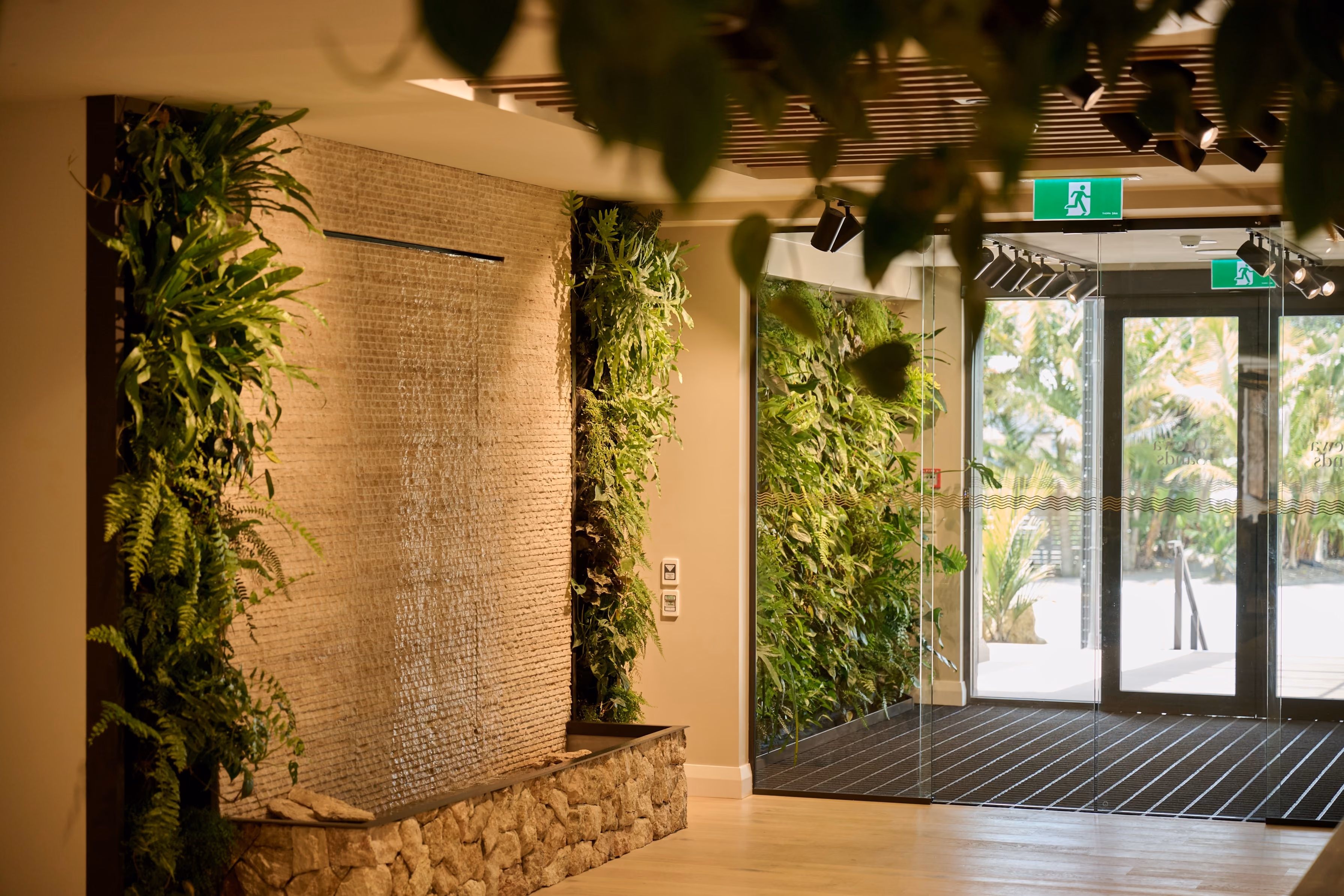Orewa's stone and tile water feature wall with ferns — a calming focal point beside the glass entrance.